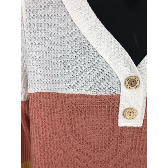 First Love Women's SIze Medium Colorblock Long Sleeve Waffle Knit Shirt V Neck - Picture 4 of 7